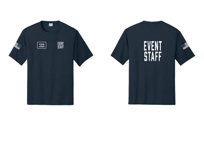 NYC Factory Custom Logo Event Staff Performance T-Shirt (Classic) - EVENT STAFF + Your Logo + Back + US Flag Sleeve - Navy