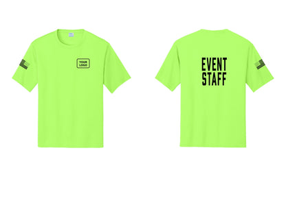 NYC Factory Custom Logo Event Staff Performance T-Shirt (Classic) - Your Logo + Back + US Flag Sleeve - Neon Green