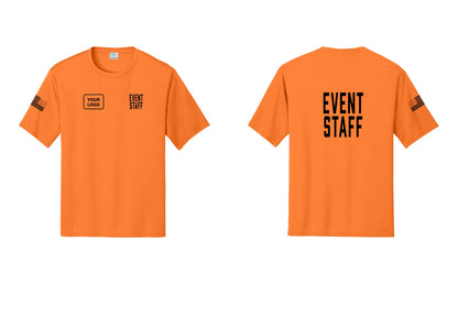 NYC Factory Custom Logo Event Staff Performance T-Shirt (Classic) - EVENT STAFF + Your Logo + Back + US Flag Sleeve - Neon Orange