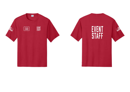 NYC Factory Custom Logo Event Staff Performance T-Shirt (Classic) - EVENT STAFF + Your Logo + Back + US Flag Sleeve - Red