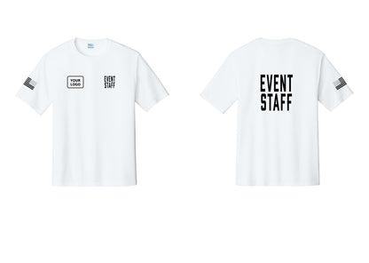 NYC Factory Custom Logo Event Staff Performance T-Shirt (Classic) - EVENT STAFF + Your Logo + Back + US Flag Sleeve - White