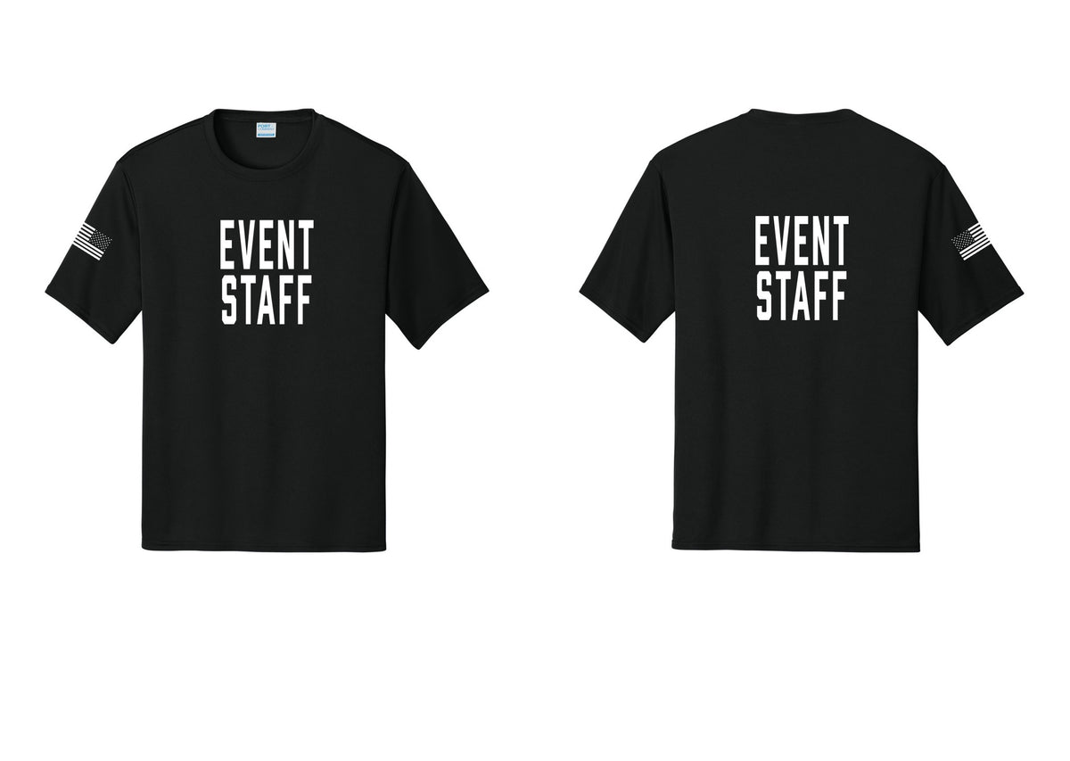 NYC Factory Event Staff Performance T-Shirt (Classic) - Front + Back + US Flag Sleeve - Black