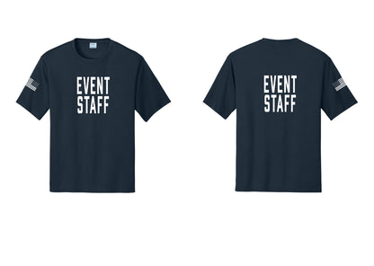 NYC Factory Event Staff Performance T-Shirt (Classic) - Front + Back + US Flag Sleeve - Navy
