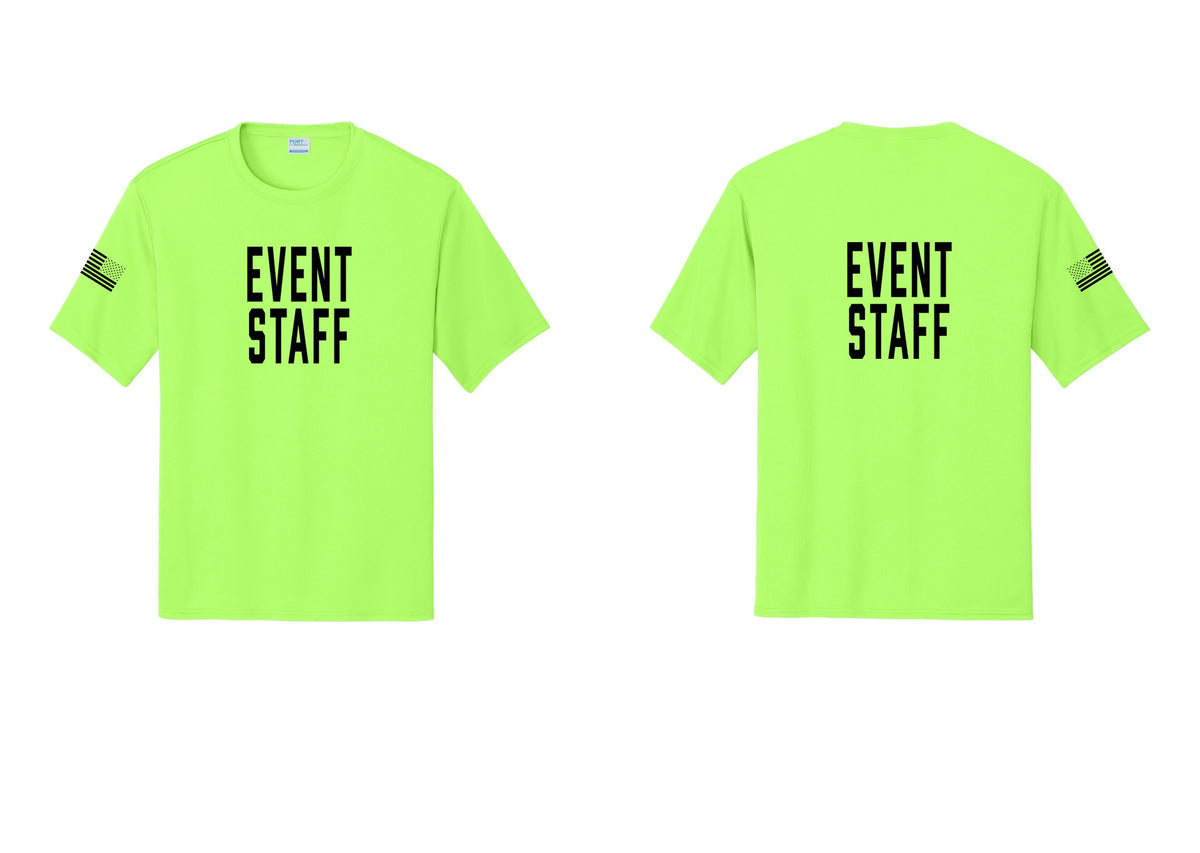 NYC Factory Event Staff Performance T-Shirt (Classic) - Front + Back + US Flag Sleeve - Neon Green