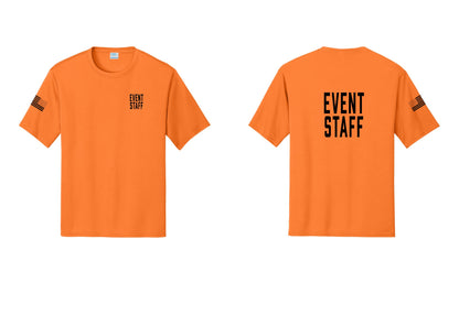 NYC Factory Event Staff Performance T-Shirt (Classic) - Chest + Back + US Flag Sleeve - Neon Orange