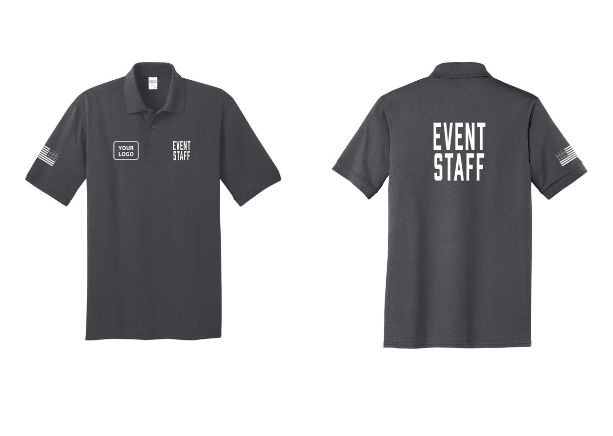 NYC Factory Custom Logo Event Staff Polo Shirt (Classic) - EVENT STAFF + Your Logo + Back + US Flag Sleeve - Charcoal