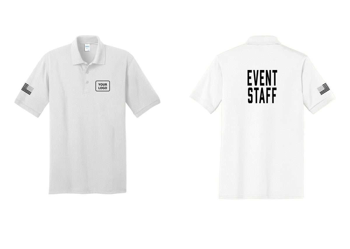 NYC Factory Custom Logo Event Staff Polo Shirt (Classic) - Your Logo + Back + US Flag Sleeve - White