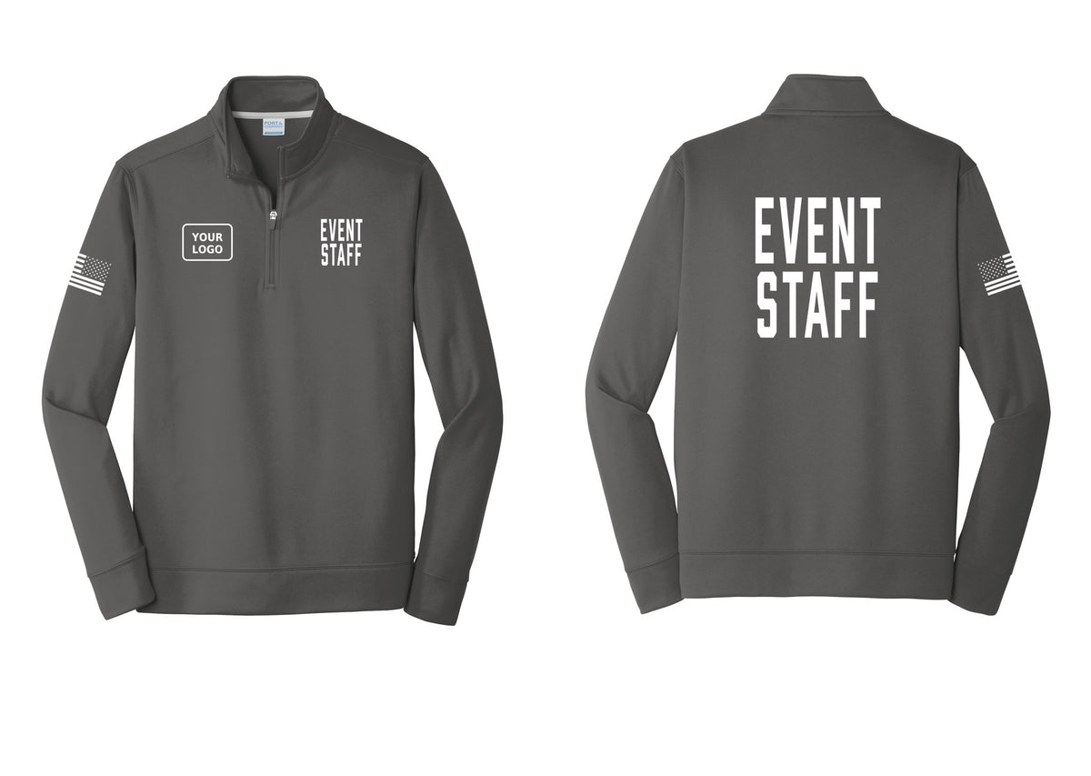 NYC Factory Custom Logo Event Staff Performance Fleece 1/4-Zip Pullover Sweatshirt (Classic) - EVENT STAFF + Your Logo + Back + US Flag Sleeve - Charcoal