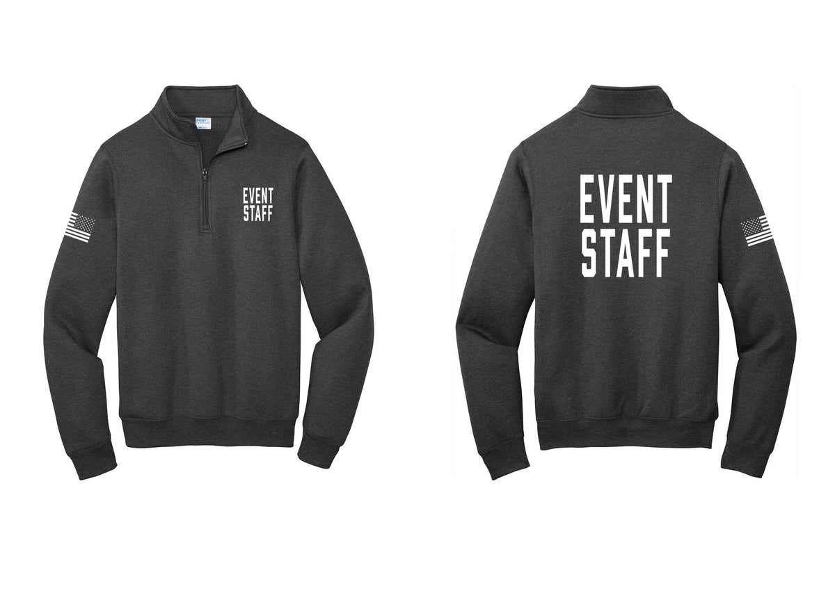 NYC Factory Event Staff Cotton Fleece 1/4-Zip Pullover Sweatshirt (Classic) - Chest + Back + US Flag Sleeve - Dark Heather Grey