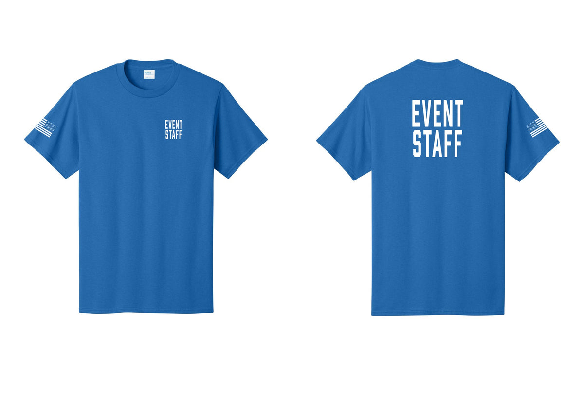 NYC Factory Event Staff T-Shirt, Condensed Lettering - Chest + Back + US Flag Sleeve - Royal