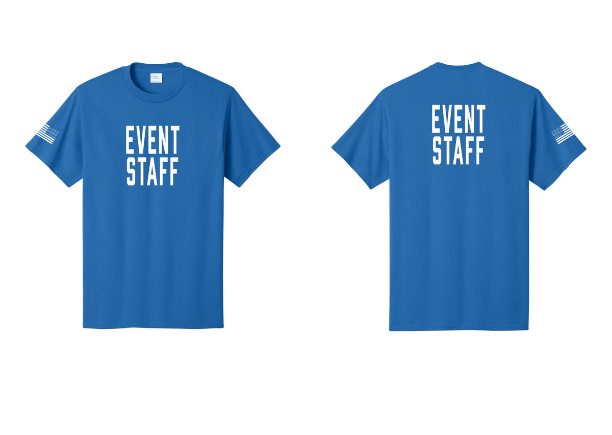 NYC Factory Event Staff T-Shirt, Condensed Lettering - Front + Back + US Flag Sleeve - Royal