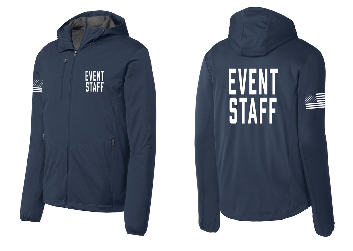 NYC Factory Event Staff Soft Shell Hooded Jacket (Classic) - Chest + Back + US Flag Sleeve - Dress Blue Navy