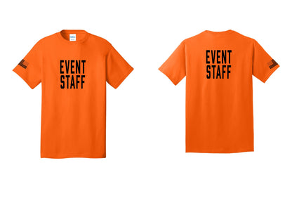 NYC Factory Event Staff T-Shirt, Condensed Lettering - Front + Back + US Flag Sleeve - Safety Orange