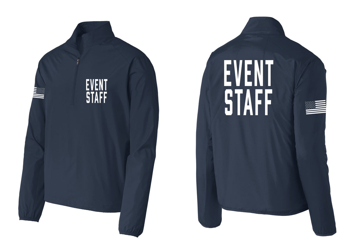 NYC Factory Event Staff Windbreaker 1/2-Zip Pullover (Classic) - Chest + Back + US Flag Sleeve - Dress Blue Navy