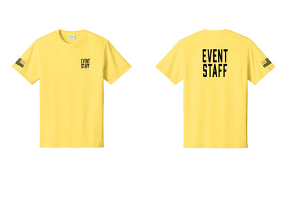 NYC Factory Event Staff T-Shirt, Condensed Lettering - Chest + Back + US Flag Sleeve - Yellow