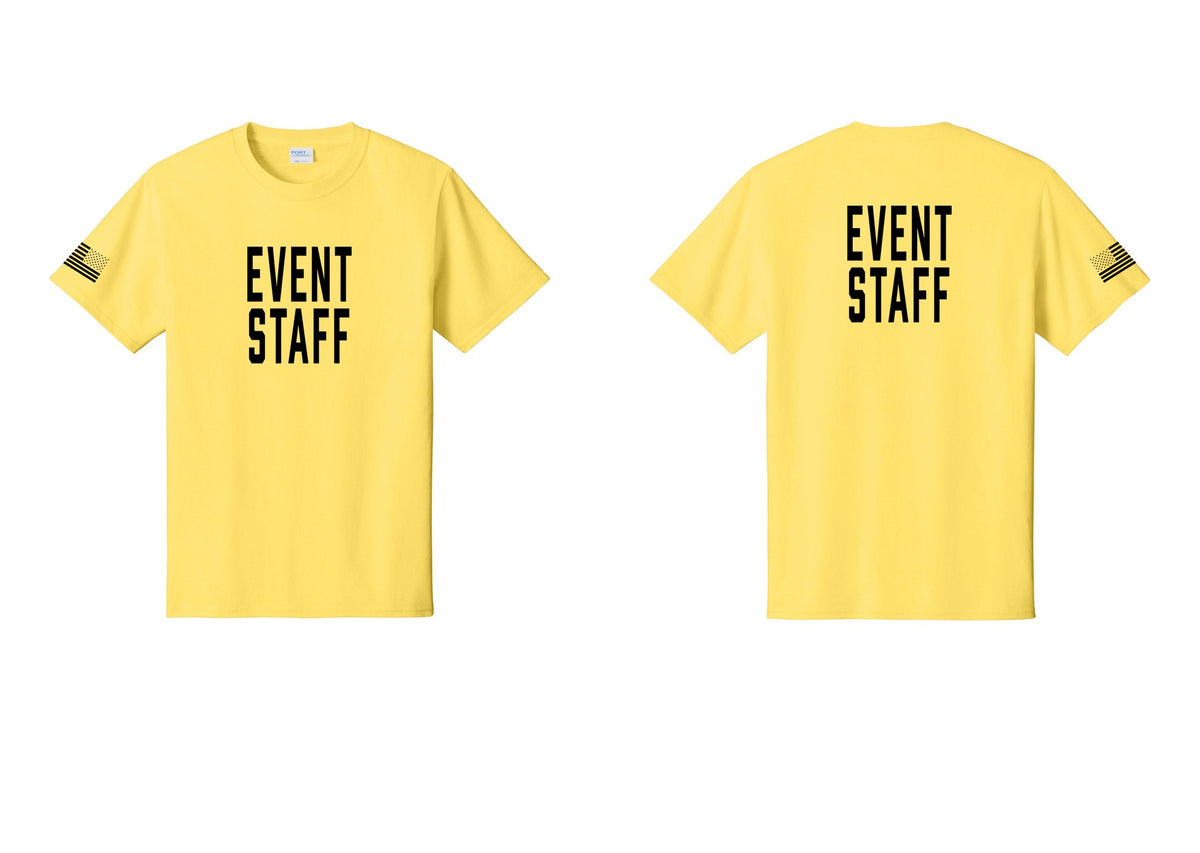 NYC Factory Event Staff T-Shirt, Condensed Lettering - Front + Back + US Flag Sleeve - Yellow