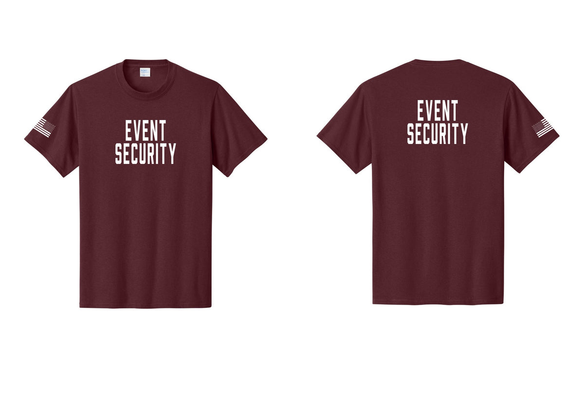 NYC Factory Event Security T-Shirt for Venues & Crowd Management (Classic) - Front + Back + US Flag Sleeve - Athletic Maroon