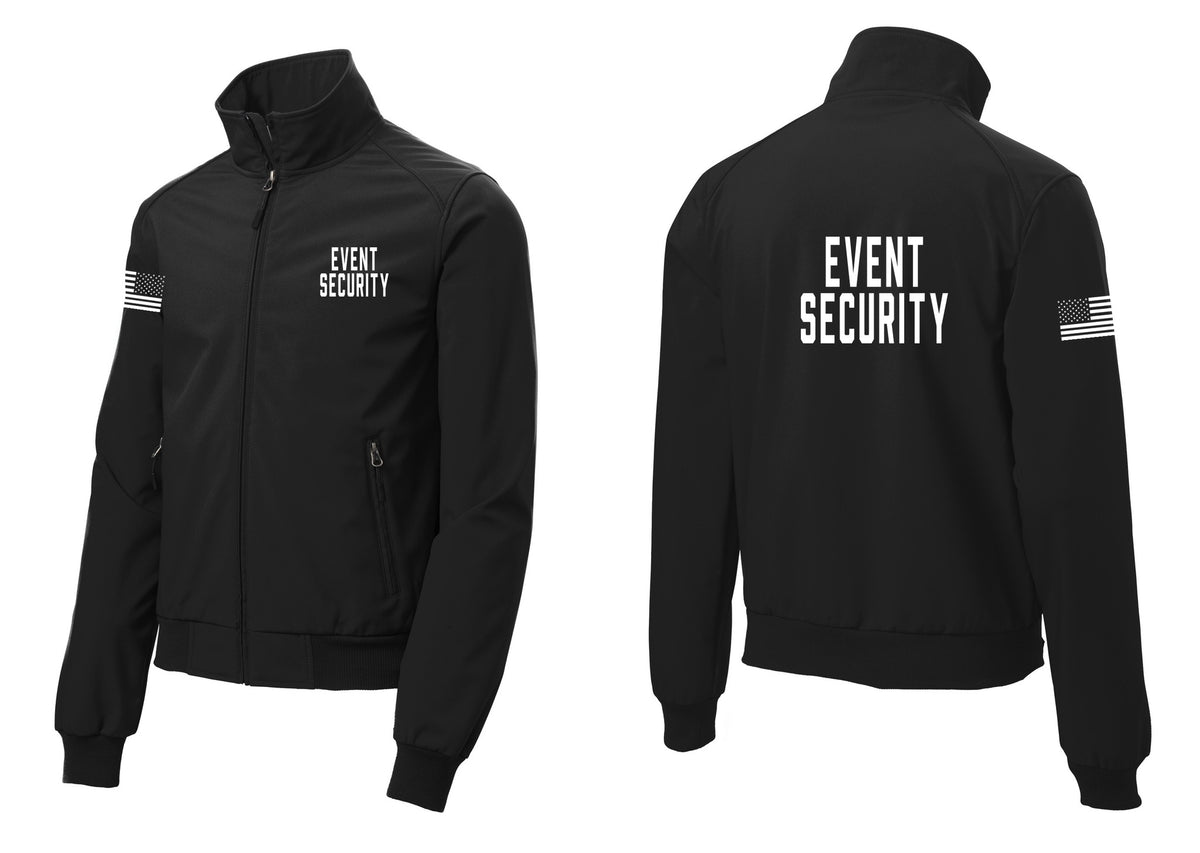 NYC Factory Event Security Soft Shell Bomber Jacket (Classic) - Chest + Back + US Flag Sleeve - Black