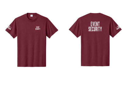 NYC Factory Event Security T-Shirt for Venues & Crowd Management (Classic) - Chest + Back + US Flag Sleeve - Cardinal
