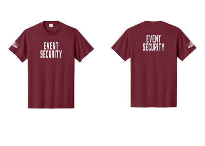 NYC Factory Event Security T-Shirt for Venues & Crowd Management (Classic) - Front + Back + US Flag Sleeve - Cardinal