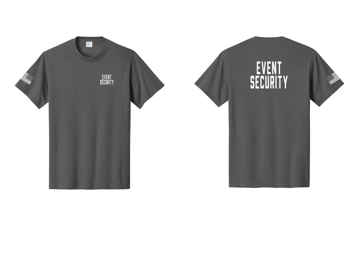 NYC Factory Event Security T-Shirt for Venues & Crowd Management (Classic) - Chest + Back + US Flag Sleeve - Charcoal