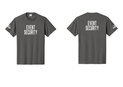 NYC Factory Event Security T-Shirt for Venues & Crowd Management (Classic) - Front + Back + US Flag Sleeve - Charcoal