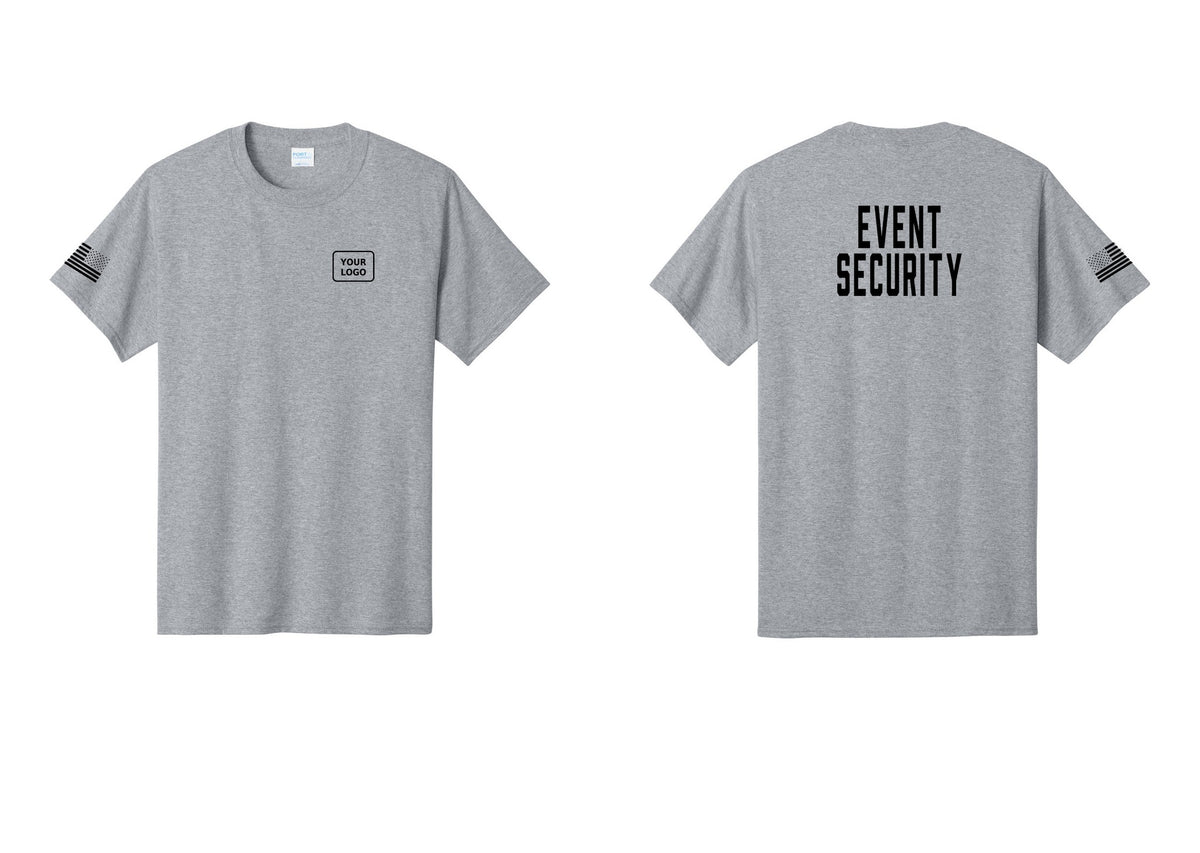 NYC Factory Custom Logo Event Security T-Shirt for Venues & Crowd Management (Classic) - Your Logo + Back + US Flag Sleeve - Athletic Heather