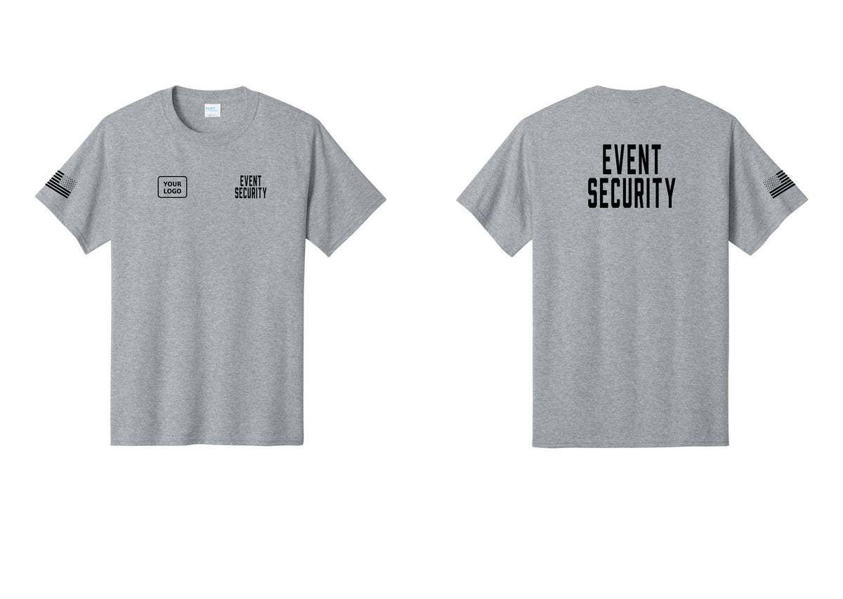 NYC Factory Custom Logo Event Security T-Shirt for Venues & Crowd Management (Classic) - EVENT SECURITY + Your Logo + Back + US Flag Sleeve - Athletic Heather