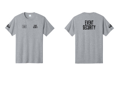 NYC Factory Custom Logo Event Security T-Shirt for Venues & Crowd Management (Classic) - EVENT SECURITY + Your Logo + Back + US Flag Sleeve - Athletic Heather