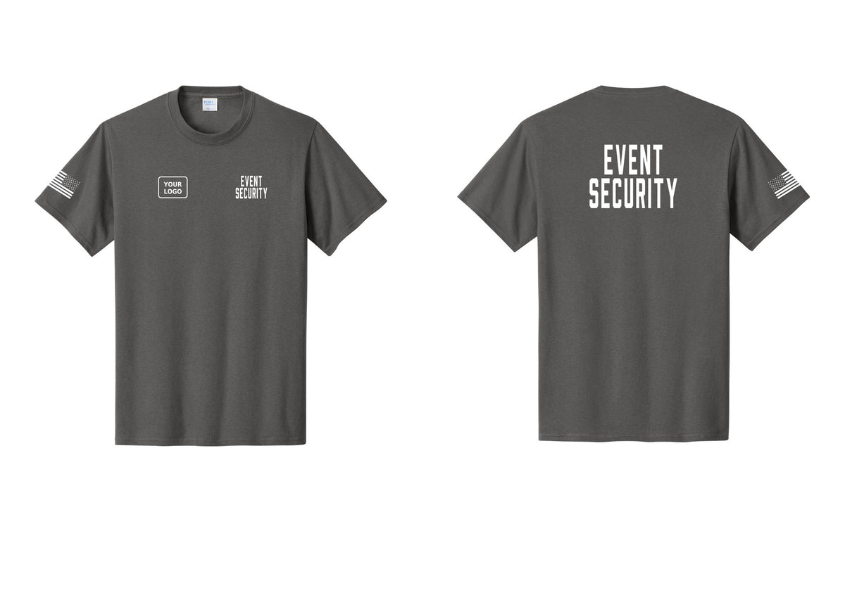 NYC Factory Custom Logo Event Security T-Shirt for Venues & Crowd Management (Classic) - EVENT SECURITY + Your Logo + Back + US Flag Sleeve - Charcoal