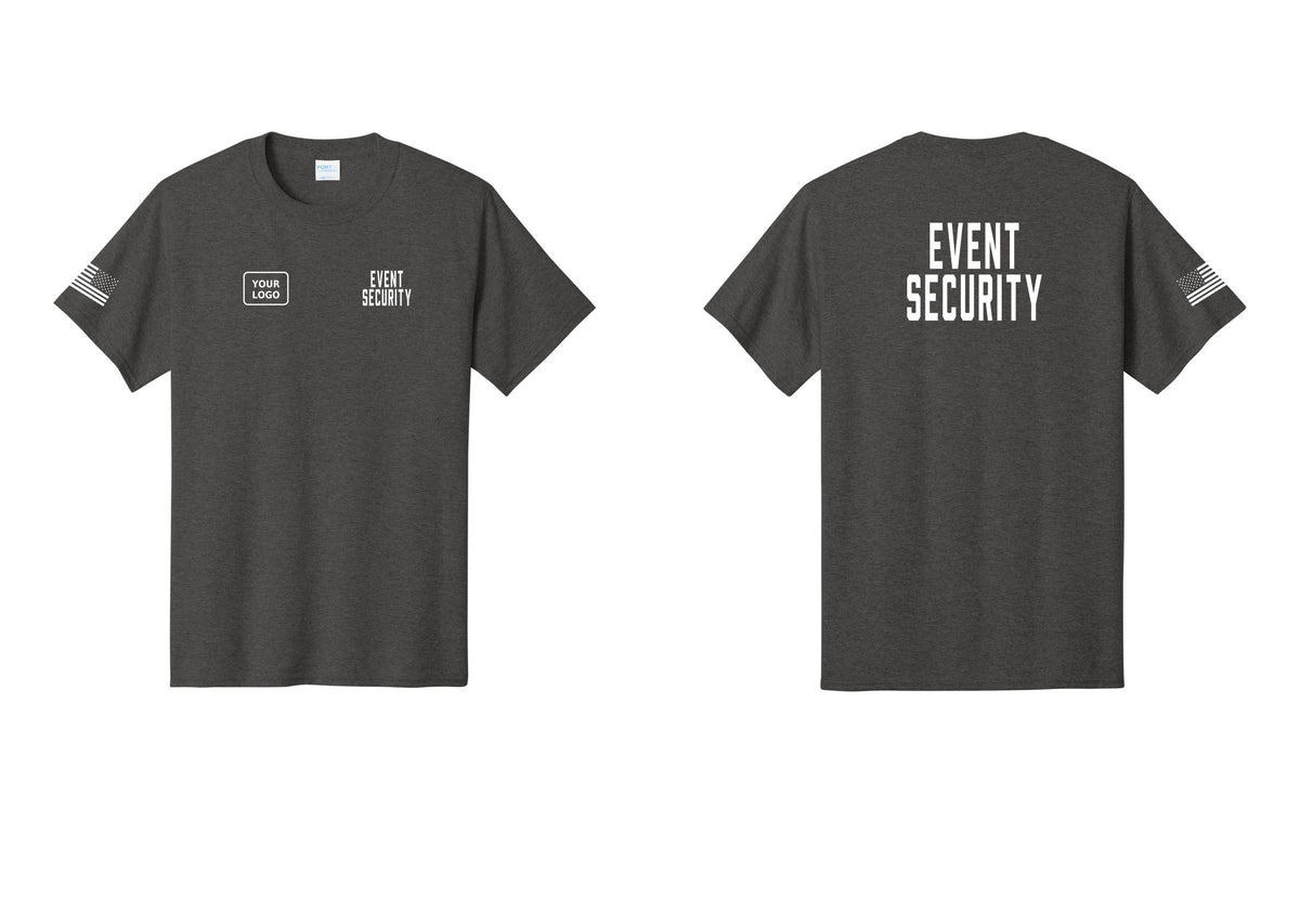 NYC Factory Custom Logo Event Security T-Shirt for Venues & Crowd Management (Classic) - EVENT SECURITY + Your Logo + Back + US Flag Sleeve - Dark Heather Grey