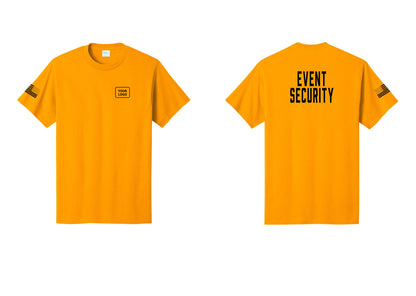 NYC Factory Custom Logo Event Security T-Shirt for Venues & Crowd Management (Classic) - Your Logo + Back + US Flag Sleeve - Gold