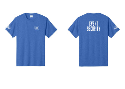 NYC Factory Custom Logo Event Security T-Shirt for Venues & Crowd Management (Classic) - Your Logo + Back + US Flag Sleeve - Heather Royal
