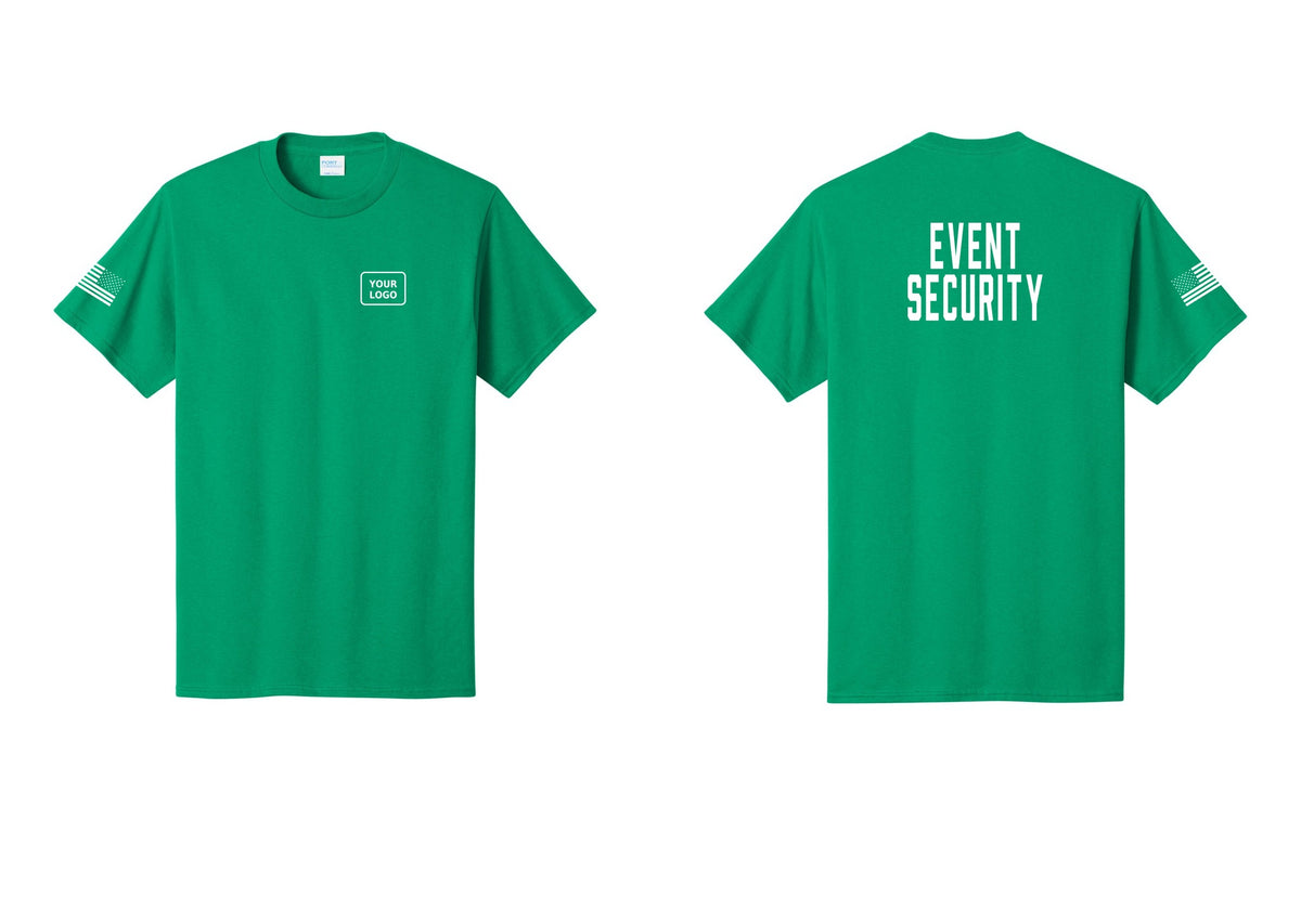 NYC Factory Custom Logo Event Security T-Shirt for Venues & Crowd Management (Classic) - Your Logo + Back + US Flag Sleeve - Kelly