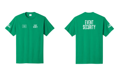 NYC Factory Custom Logo Event Security T-Shirt for Venues & Crowd Management (Classic) - EVENT SECURITY + Your Logo + Back + US Flag Sleeve - Kelly