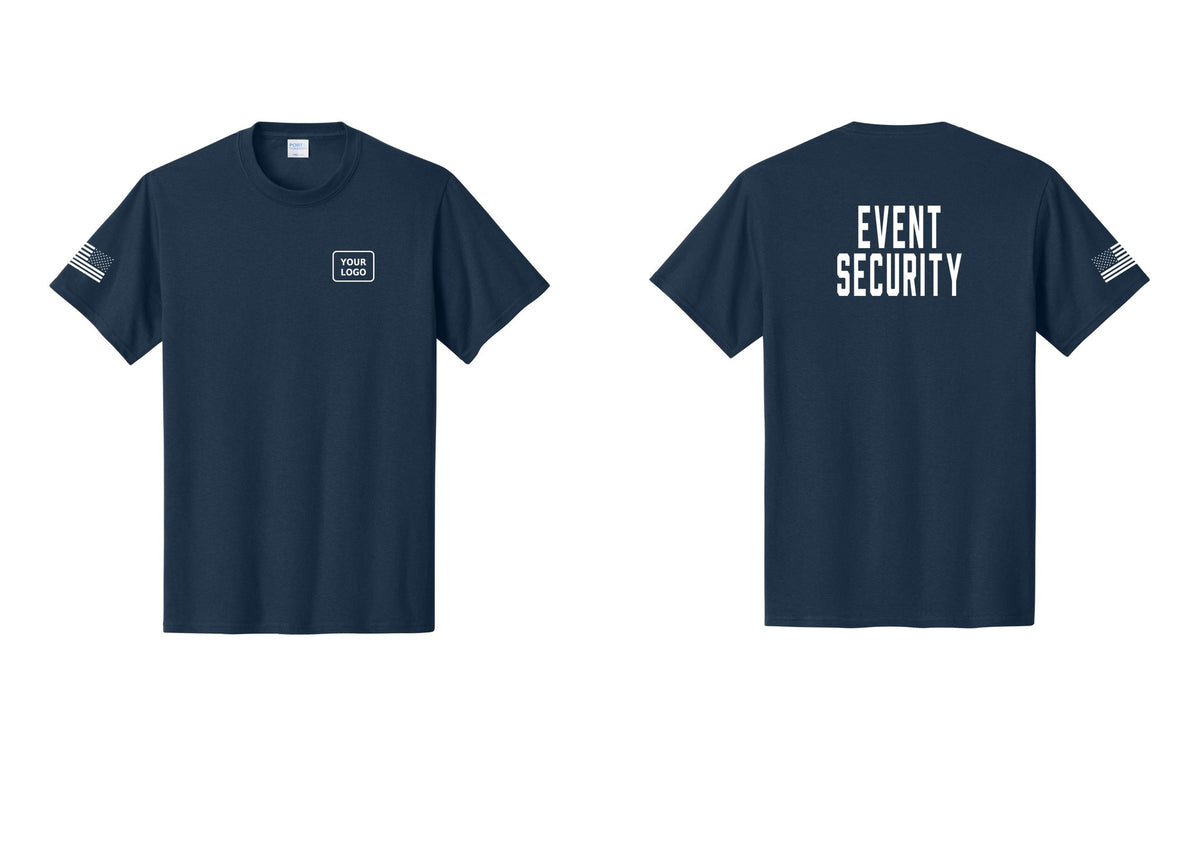 NYC Factory Custom Logo Event Security T-Shirt for Venues & Crowd Management (Classic) - Your Logo + Back + US Flag Sleeve - Navy