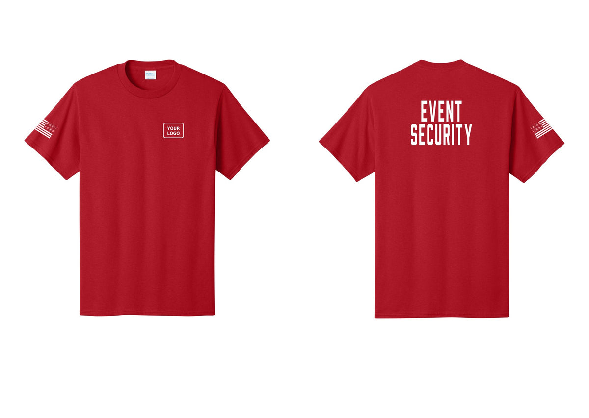 NYC Factory Custom Logo Event Security T-Shirt for Venues & Crowd Management (Classic) - Your Logo + Back + US Flag Sleeve - Red