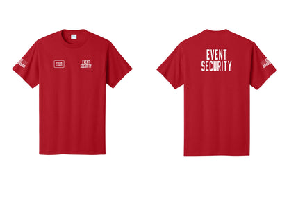 NYC Factory Custom Logo Event Security T-Shirt for Venues & Crowd Management (Classic) - EVENT SECURITY + Your Logo + Back + US Flag Sleeve - Red