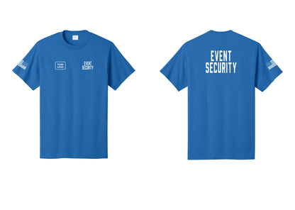 NYC Factory Custom Logo Event Security T-Shirt for Venues & Crowd Management (Classic) - EVENT SECURITY + Your Logo + Back + US Flag Sleeve - Royal