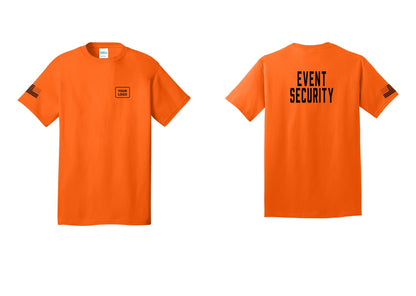 NYC Factory Custom Logo Event Security T-Shirt for Venues & Crowd Management (Classic) - Your Logo + Back + US Flag Sleeve - Safety Orange