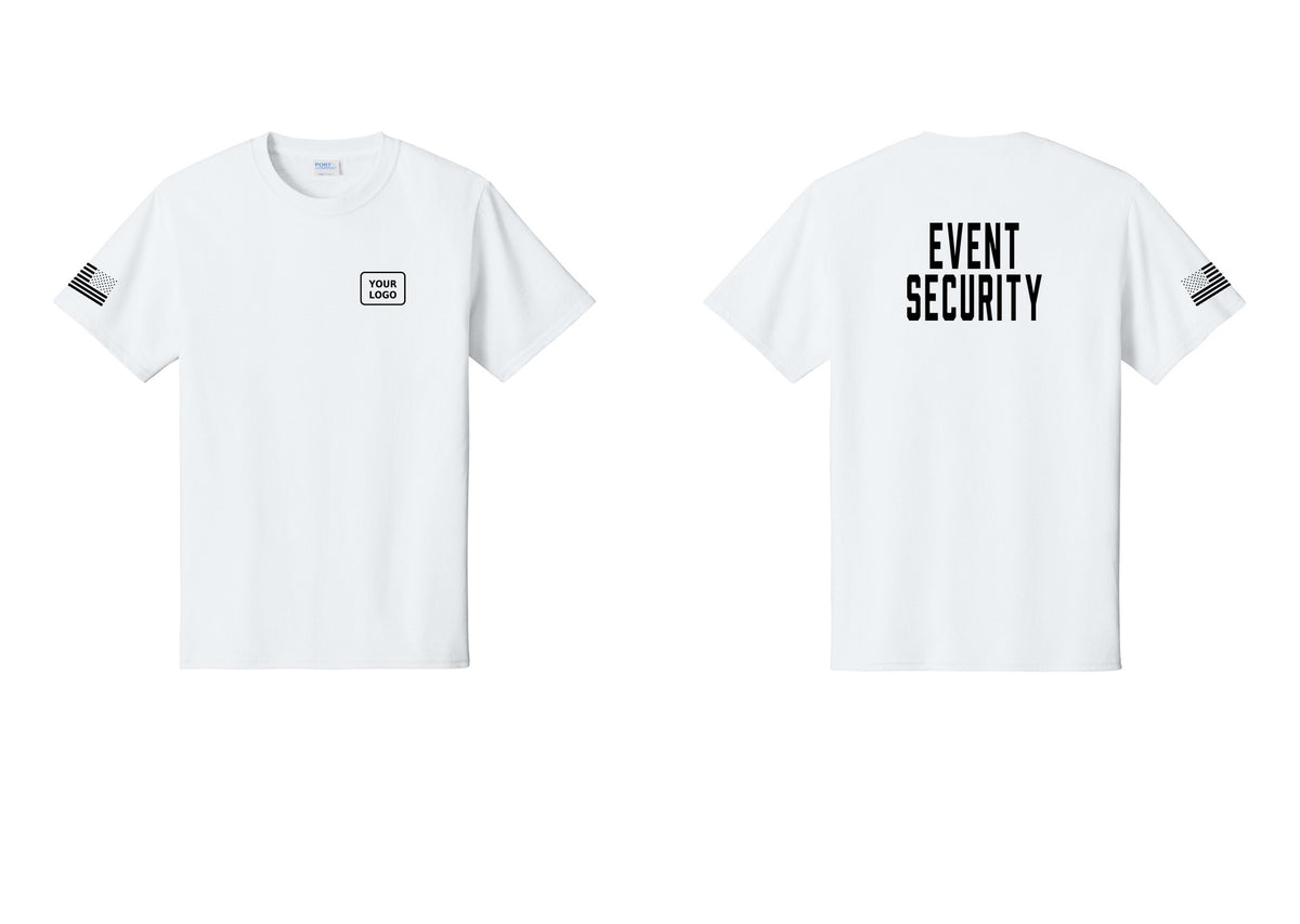 NYC Factory Custom Logo Event Security T-Shirt for Venues & Crowd Management (Classic) - Your Logo + Back + US Flag Sleeve - White