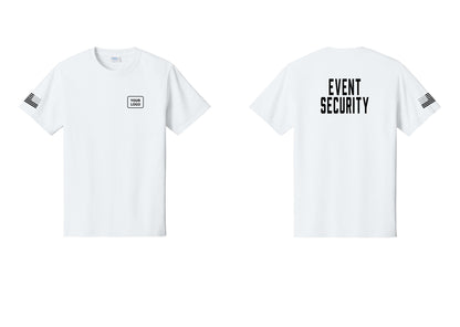 NYC Factory Custom Logo Event Security T-Shirt for Venues & Crowd Management (Classic) - Your Logo + Back + US Flag Sleeve - White
