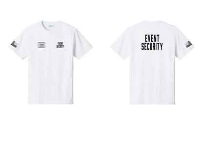 NYC Factory Custom Logo Event Security T-Shirt for Venues & Crowd Management (Classic) - EVENT SECURITY + Your Logo + Back + US Flag Sleeve - White