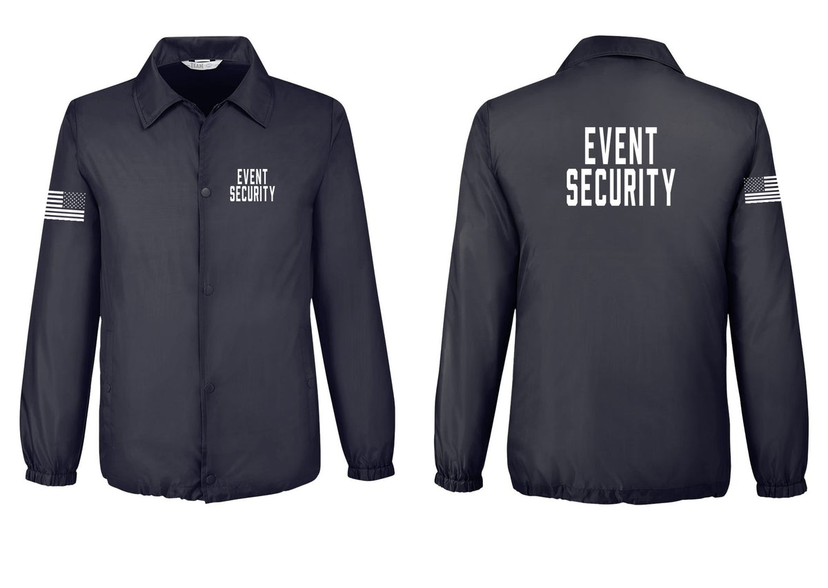 NYC Factory Event Security Snap-Front Coaches Jacket (Classic) - Chest + Back + US Flag Sleeve - Black