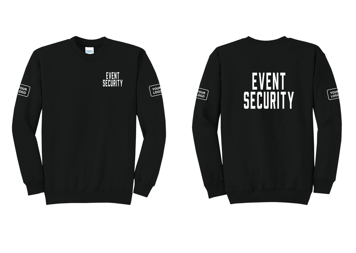 NYC Factory Custom Logo Event Security Cotton Fleece Crewneck Sweatshirt (Classic) - Chest + Back + Your Logo Sleeves - Black