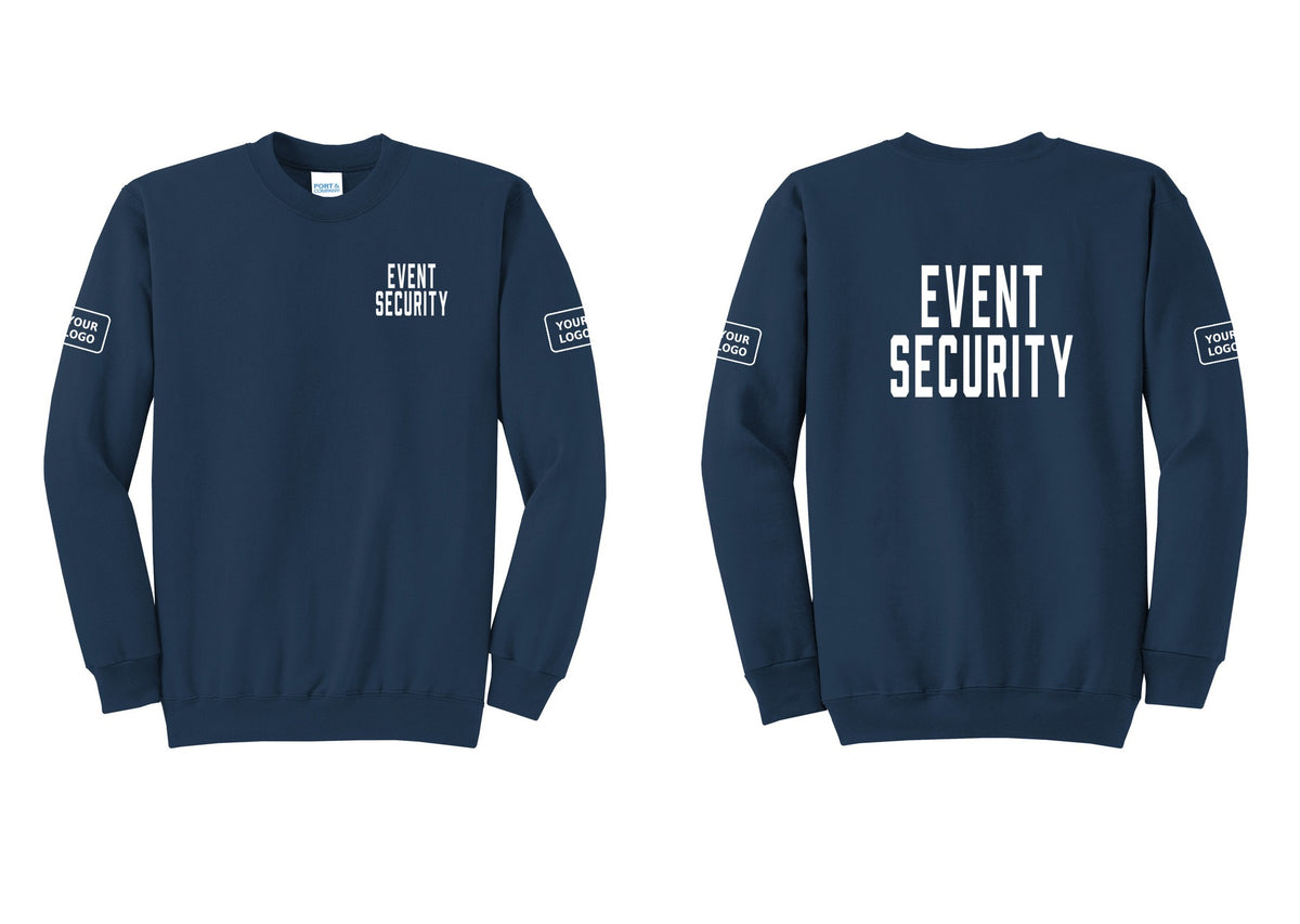 NYC Factory Custom Logo Event Security Cotton Fleece Crewneck Sweatshirt (Classic) - Chest + Back + Your Logo Sleeves - Navy