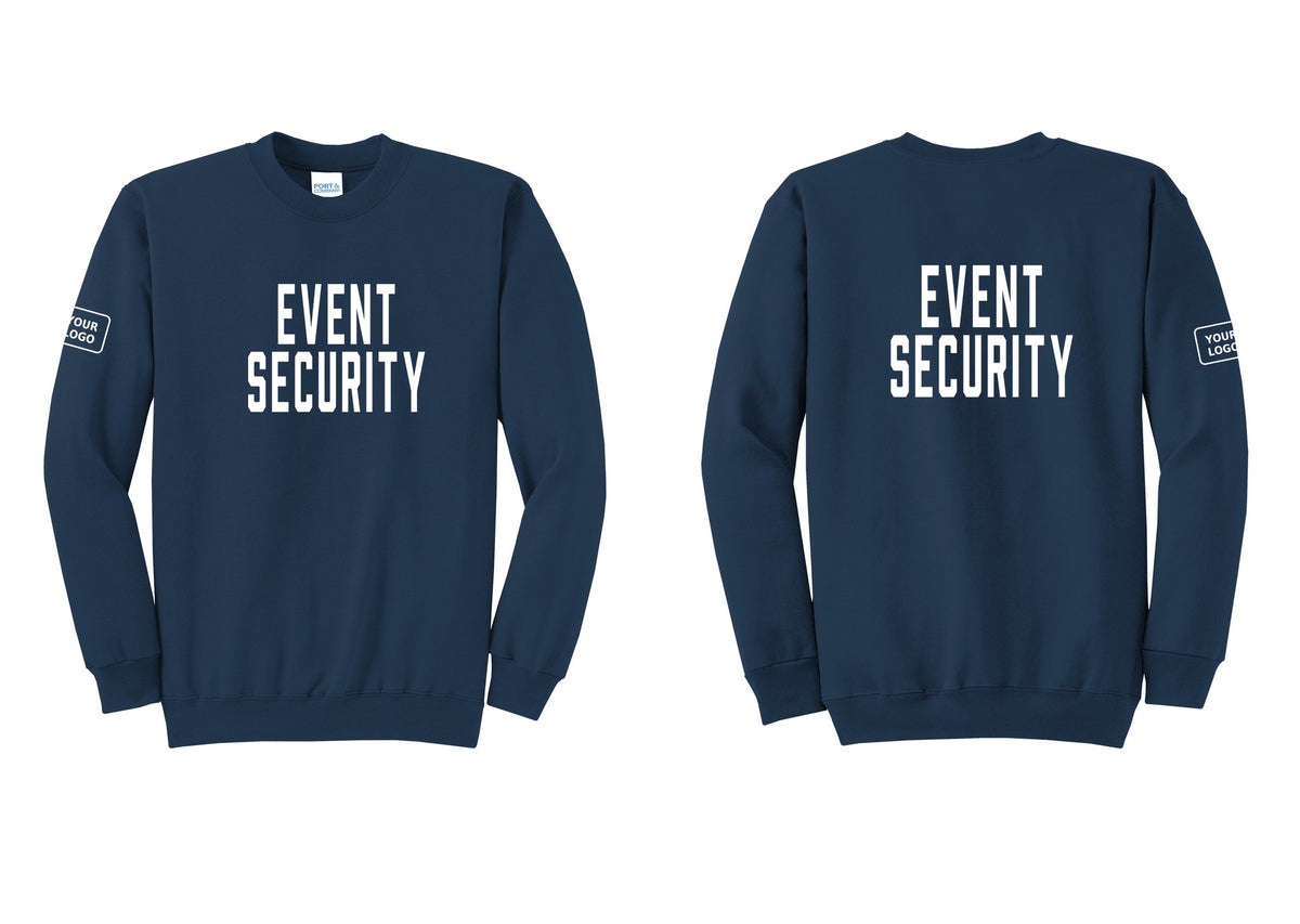 NYC Factory Custom Logo Event Security Cotton Fleece Crewneck Sweatshirt (Classic) - Front + Back + Your Logo Sleeve - Navy