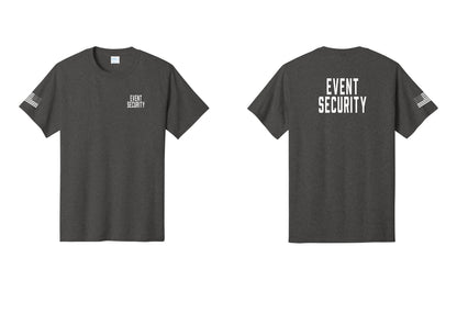 NYC Factory Event Security T-Shirt for Venues & Crowd Management (Classic) - Chest + Back + US Flag Sleeve - Dark Heather Grey
