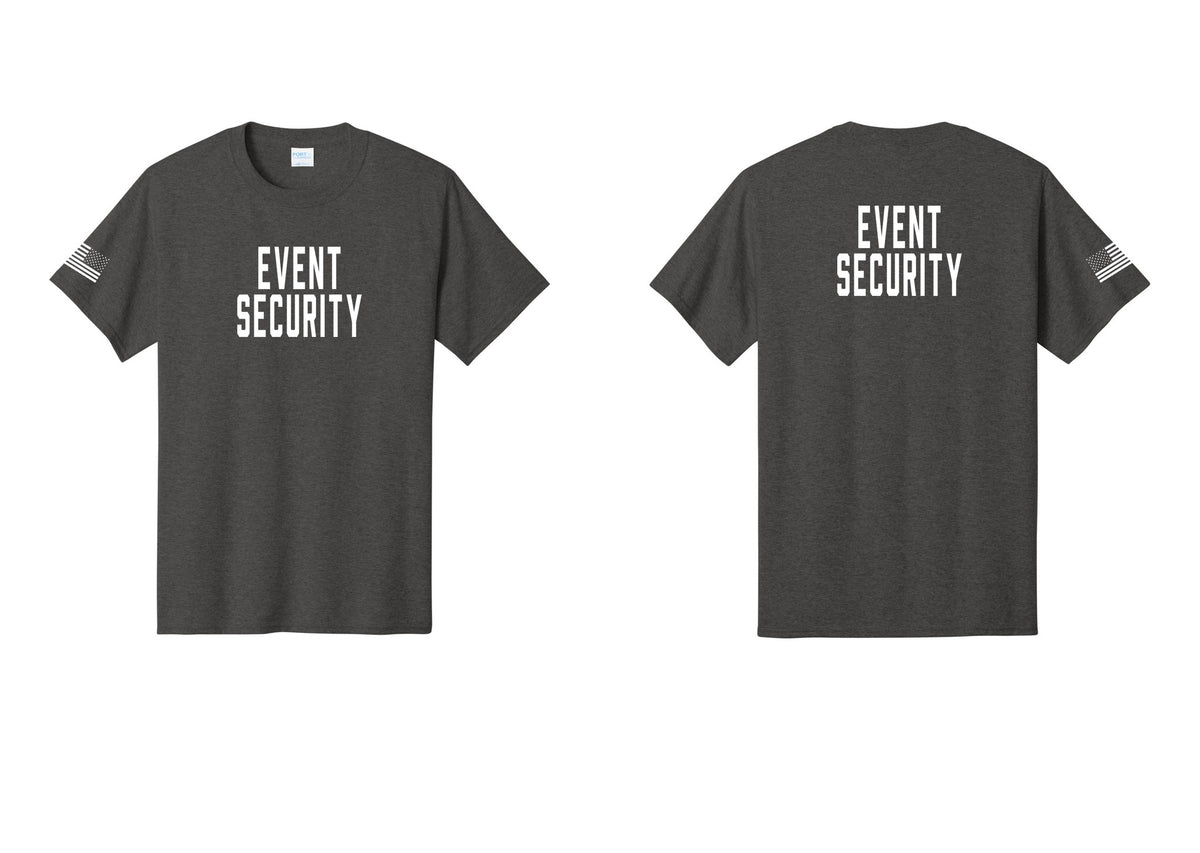NYC Factory Event Security T-Shirt for Venues & Crowd Management (Classic) - Front + Back + US Flag Sleeve - Dark Heather Grey