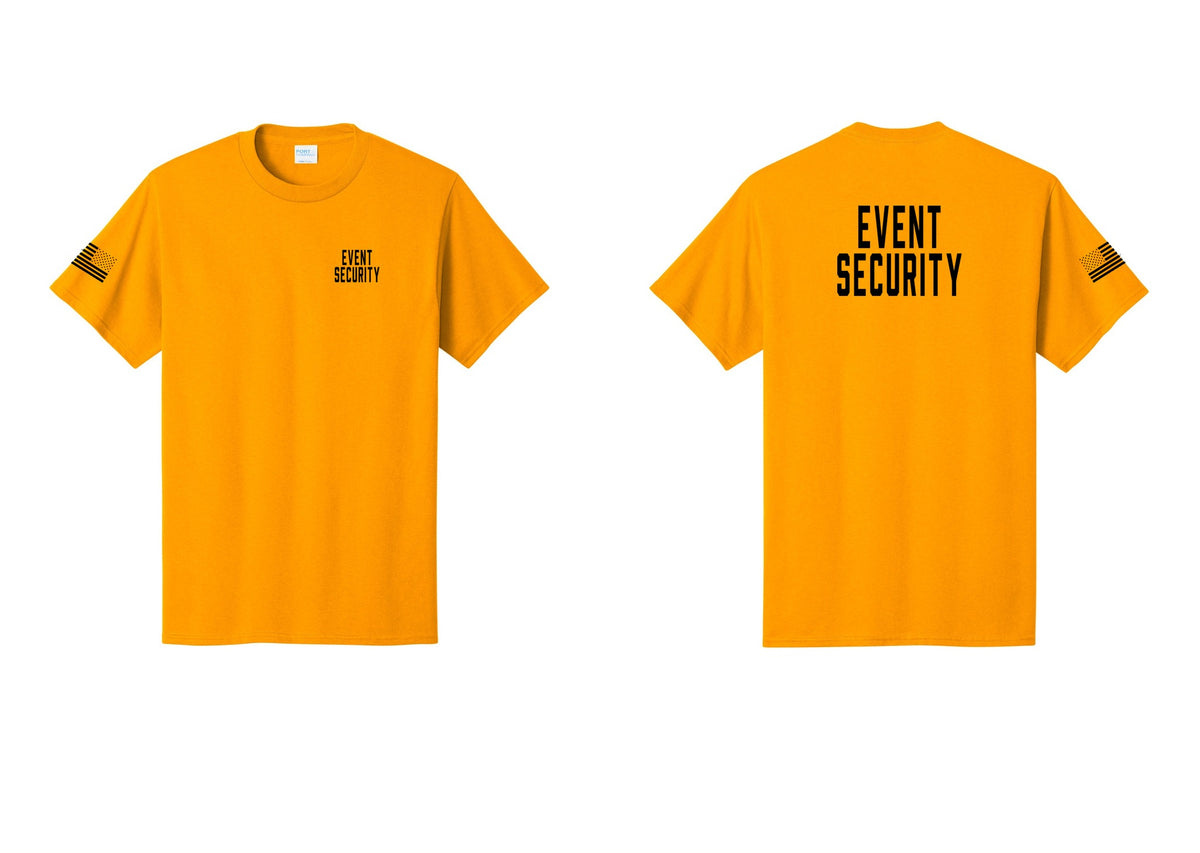 NYC Factory Event Security T-Shirt for Venues & Crowd Management (Classic) - Chest + Back + US Flag Sleeve - Gold